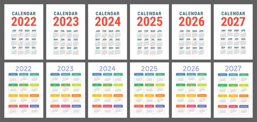 Pocket calendar 2022, 2023, 2024, 2025, 2026 and 2027. English vector calender template. Week starts on Sunday - obrazy, fototapety, plakaty