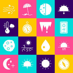 Set Compass, Sunrise, Weather forecast, Eclipse of sun, Meteorology thermometer, Wind and Icicle icon. Vector