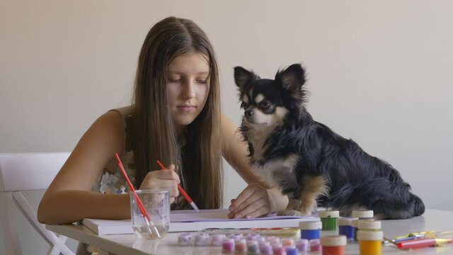 Teen age girl painting by the table with her doggy, smiling beauty and a pet.Chihuahua resting.Art activity during lockdown,pleasure of having pet as a friend. Cute domestic picture, a day in a life.