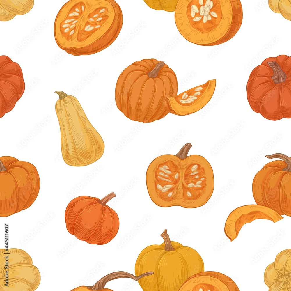 Poster seamless autumn pattern with pumpkins and squashes on white background. endless repeatable texture o