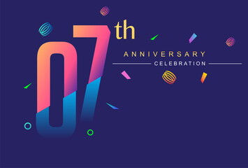7th anniversary celebration with colorful design, modern style with ribbon and colorful confetti isolated on dark background, for birthday celebration.