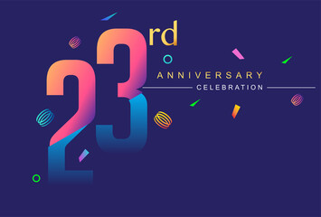 23rd anniversary celebration with colorful design, modern style with ribbon and colorful confetti isolated on dark background, for birthday celebration.