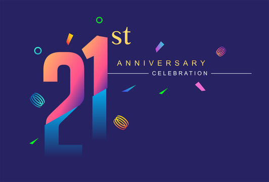 21st anniversary celebration with colorful design, modern style with ribbon and colorful confetti isolated on dark background, for birthday celebration.