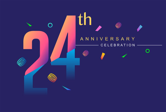 24th anniversary celebration with colorful design, modern style with ribbon and colorful confetti isolated on dark background, for birthday celebration.