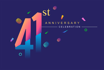 41st anniversary celebration with colorful design, modern style with ribbon and colorful confetti isolated on dark background, for birthday celebration.