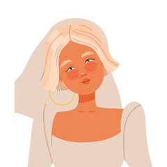 Portrait of Young Blond Bride in White Wedding Dress and Veiling as Newlywed or Just Married Female Vector Illustration