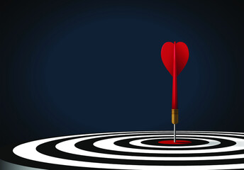 Red dart hit to center of dartboard. Arrow on bullseye in target. Business success, investment goals, marketing challenge, financial strategy, purpose achievement, focus ideas concept. 3d vector