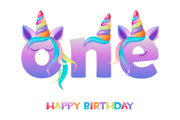Unicorn lettering one, happy birthday greeting card for ui game.