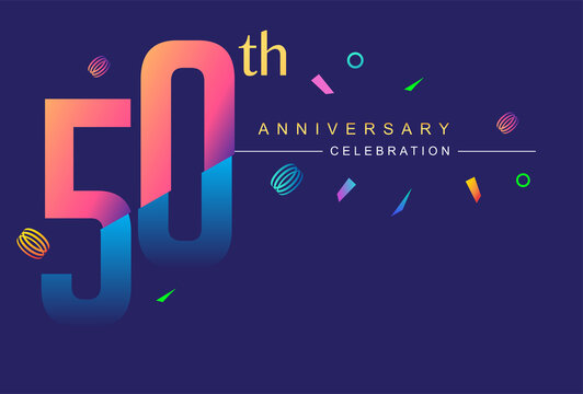 50th anniversary celebration with colorful design, modern style with ribbon and colorful confetti isolated on dark background, for birthday celebration.