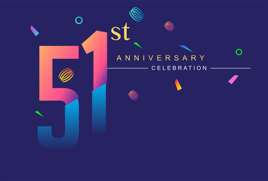 51st anniversary celebration with colorful design, modern style with ribbon and colorful confetti isolated on dark background, for birthday celebration.