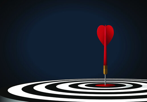 Red dart hit to center of dartboard. Arrow on bullseye in target. Business success, investment goals, marketing challenge, financial strategy, purpose achievement, focus ideas concept. 3d vector