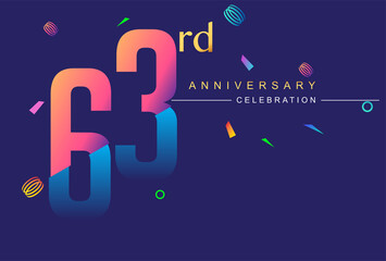 Fototapeta premium 63rd anniversary celebration with colorful design, modern style with ribbon and colorful confetti isolated on dark background, for birthday celebration.
