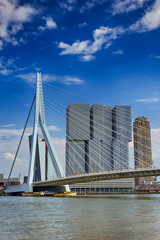 Fototapeta na wymiar Dutch Travel Concepts. Attractive View of Renowned Erasmusbrug (Swan Bridge) in Rotterdam in front of Port and Harbour. Picture Made At Daytime.