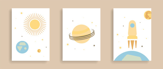 Space set of posters in minimalistic abstract style on white background. Planet, sun, rocket, saturn, stars. Cosmos flight to the moon. Wallpaper. Vector