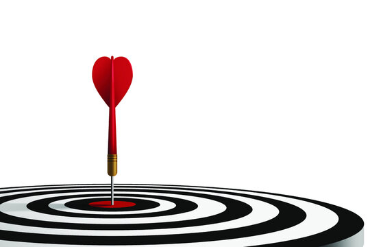 Red dart hit to center of dartboard. Arrow on bullseye in target. Business success, investment goals, marketing challenge, financial strategy, purpose achievement, focus ideas concept. 3d vector