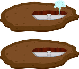 Pipeline repair. A hole in the ground. Shovel, earth. Flat design.
