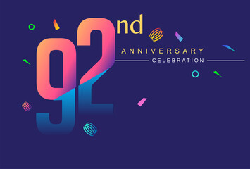 92nd anniversary celebration with colorful design, modern style with ribbon and colorful confetti isolated on dark background, for birthday celebration.