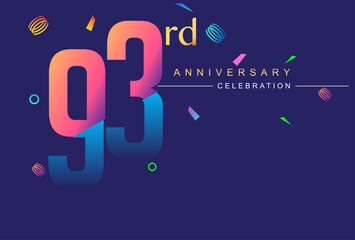 93rd anniversary celebration with colorful design, modern style with ribbon and colorful confetti isolated on dark background, for birthday celebration.