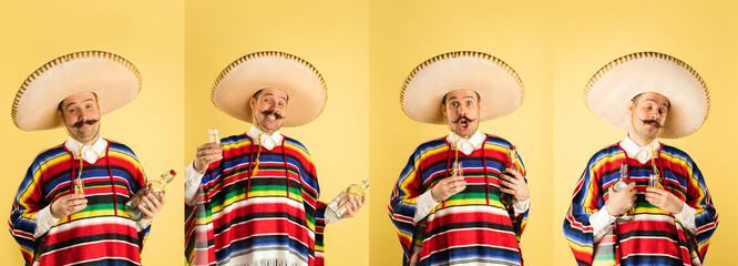 Collage of 4 portraits of young man in ethnical mexican clothes with bottle fo tequila isolated over yellow studio background.