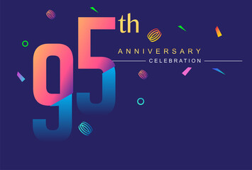 95th anniversary celebration with colorful design, modern style with ribbon and colorful confetti isolated on dark background, for birthday celebration.
