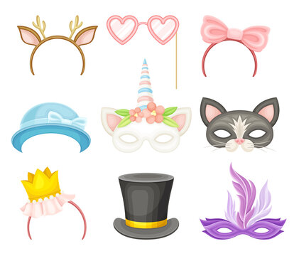 Party Birthday Photo Booth Prop with Hairband and Mask Vector Set
