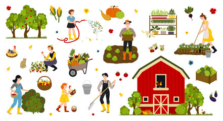 Garden, farm and agriculture. Woman and man cares for garden, potted plant, grows organic vegetables and herbs on farm or at home.