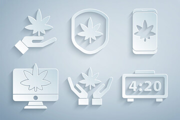 Set Marijuana or cannabis leaf, Mobile and marijuana, Monitor, Digital alarm clock, Shield and icon. Vector