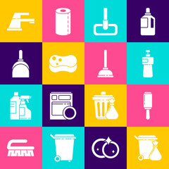 Naklejka premium Set Trash can and garbage bag, Adhesive roller, Dishwashing liquid bottle, Mop, Sponge, Dustpan, Water tap and Rubber plunger icon. Vector