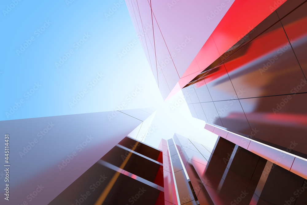 Poster low angle view of futuristic modern architecture, skyscraper of corporate office building, 3d render