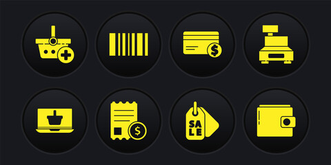 Set Shopping basket on laptop, Cash register machine, Paper check and financial check, Price tag with Sale, Credit card dollar, Barcode, Wallet and Add icon. Vector
