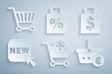 Set Add to Shopping cart, Shoping bag and dollar, Button with text New, basket euro, percent discount and icon. Vector