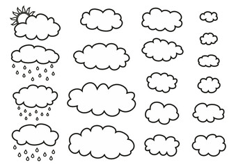 Fototapeta premium Set of clouds in cartoon style, rainy clouds, cloud outlines, vector clouds drawing