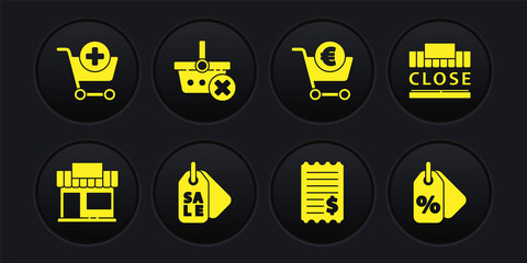 Set Shopping building or market store, and text closed, Price tag with Sale, Paper check financial check, cart euro, Remove shopping basket, Discount percent and Add icon. Vector