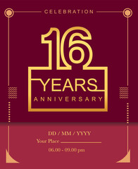16th years golden anniversary design line style with square golden color for anniversary celebration event.