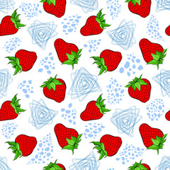 Strawberry, blue terrazzo and triangle seamless pattern on white background. Red berry repeating endless texture. Vegan food surface pattern design. Yummy editable tile. Bright boundless background.