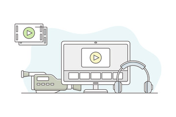 Obraz premium Video Content Footage Production in Filmmaking with Movie Camera and Postproduction Editor Software Interface Line Vector Illustration