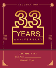 33rd years golden anniversary design line style with square golden color for anniversary celebration event.