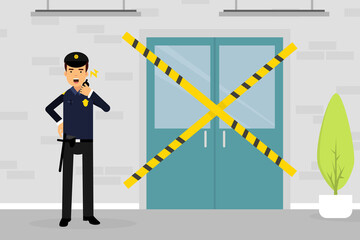 Man Police Officer or Policeman with Walkie Talkie Standing Near Scene of Crime Vector Illustration
