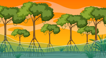 Nature scene with Mangrove forest at sunset time in cartoon style - obrazy, fototapety, plakaty