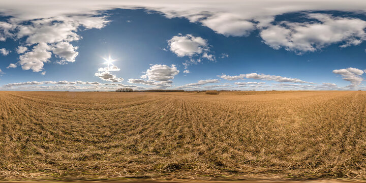full seamless spherical hdri panorama 360 degrees angle view on among farming fields in autumn day with awesome clouds in equirectangular projection, ready for VR AR virtual reality content