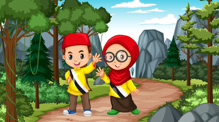 Obraz na płótnie Canvas Brunei kids wears traditional clothes in the forest scene