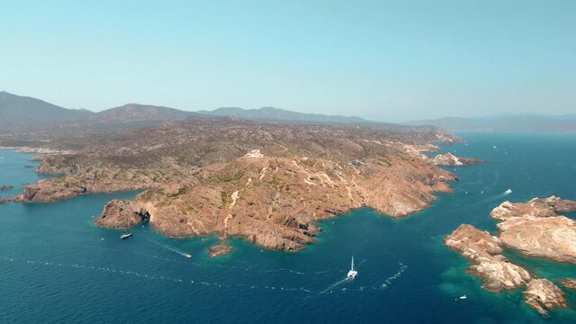 Aerial pull in view of Cap de Creus in the north of costa brava in Catalunya, Spain