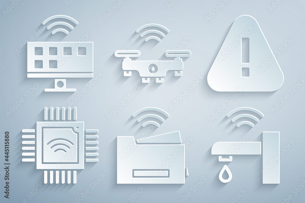 Poster set smart printer, exclamation mark triangle, processor with microcircuits cpu, water tap, drone and