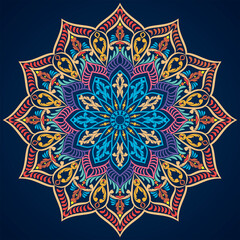 Oriental pattern of colored mandala on a blue background. Vector illustration.