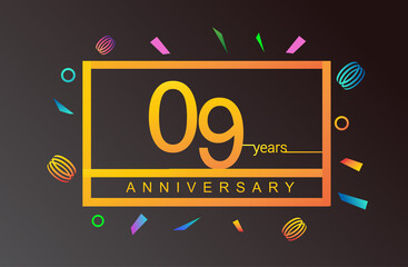9th years anniversary celebration white square style isolated with colorful confetti background, design for anniversary celebration.