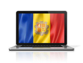 Andorran flag on laptop screen isolated on white. 3D illustration