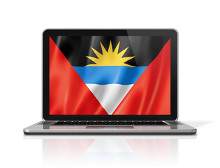 Antigua and Barbuda flag on laptop screen isolated on white. 3D illustration