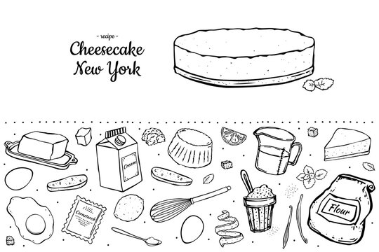 Illustration set cheesecake and ingredients for cooking isolated on white background.