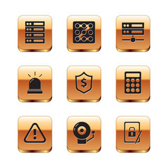 Set Server, Data, Web Hosting, Exclamation mark triangle, Ringing alarm bell, Shield with dollar, Motion sensor, Tablet closed padlock and Graphic password protection icon. Vector