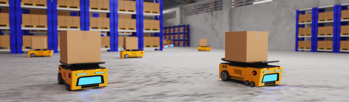 Concept industry 4.0 robotic Artificial Intelligence,Autonomous Robot of warehouse logistic,smart Automated delivery vehicle in modern storehouse shipping,with robot carrier carrying cardboard box